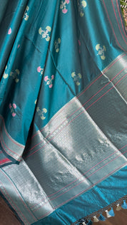 Soft Silk Banaras Saree - Teal Blue Meenakari