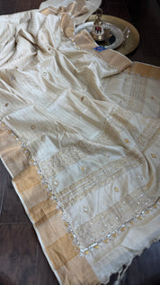 Designer Tussar Silk Zardozi - Beige Golden Purple Green Embroidered