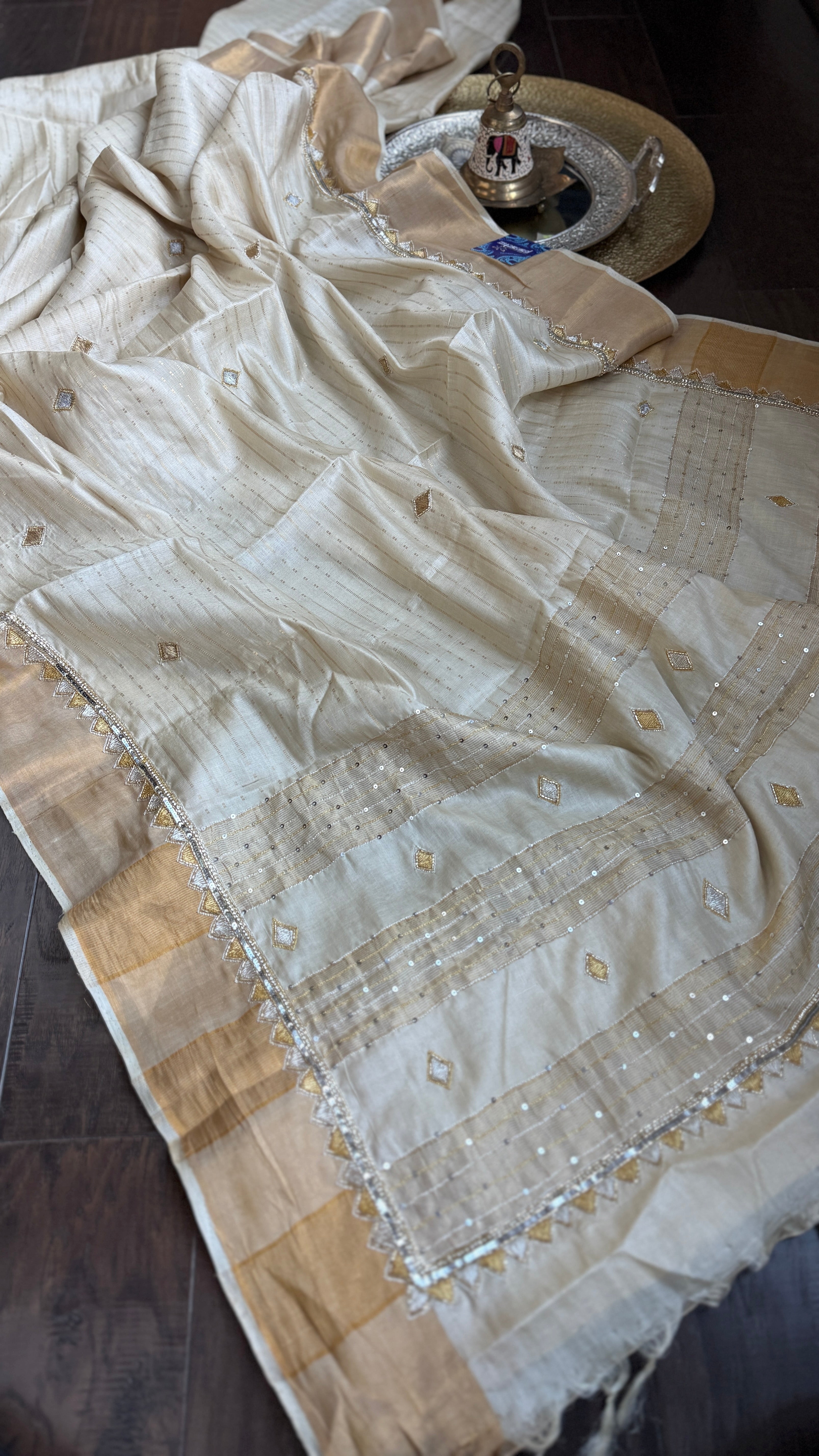 Designer Tussar Silk Zardozi - Beige Golden Purple Green Embroidered