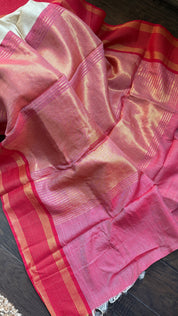 Pure Tussar Silk - Beige Red Zari Stripes