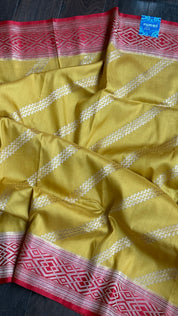 Pure Silk Katan Banarasi- Yellow Red Kadhua