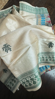 Pure Tussar Silk - Tan Beige Green Dolabedi