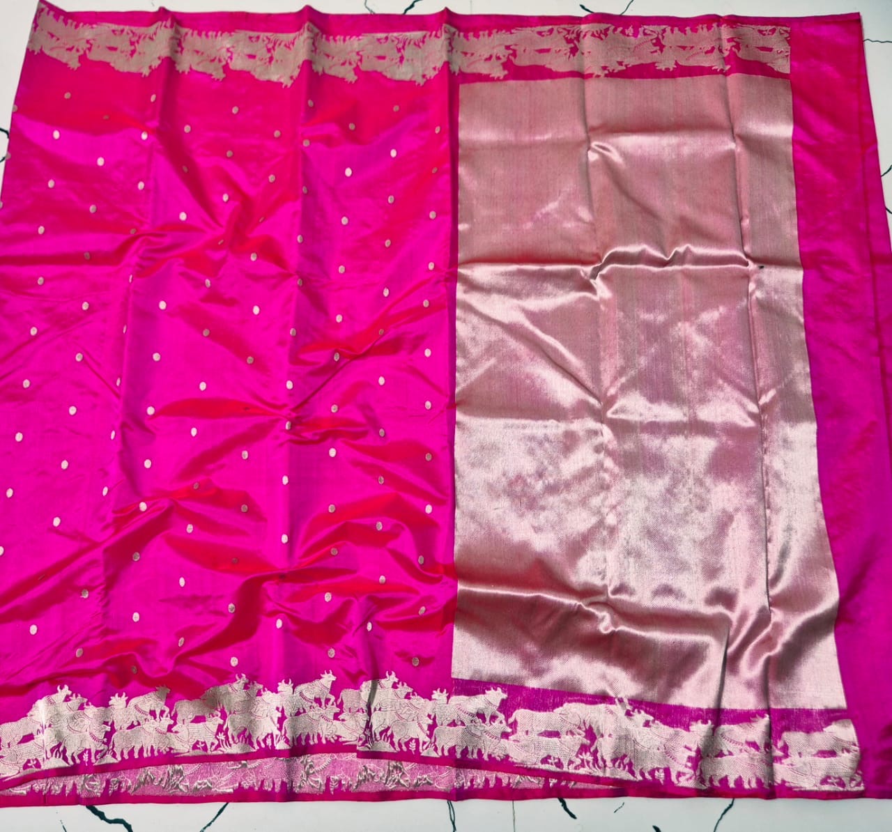 Pure Chanderi Pattu Silk - Rani Pink Nandi Eknaliya