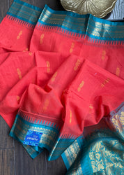 Cotton Gadwal - Coral Pink Orange Firozi