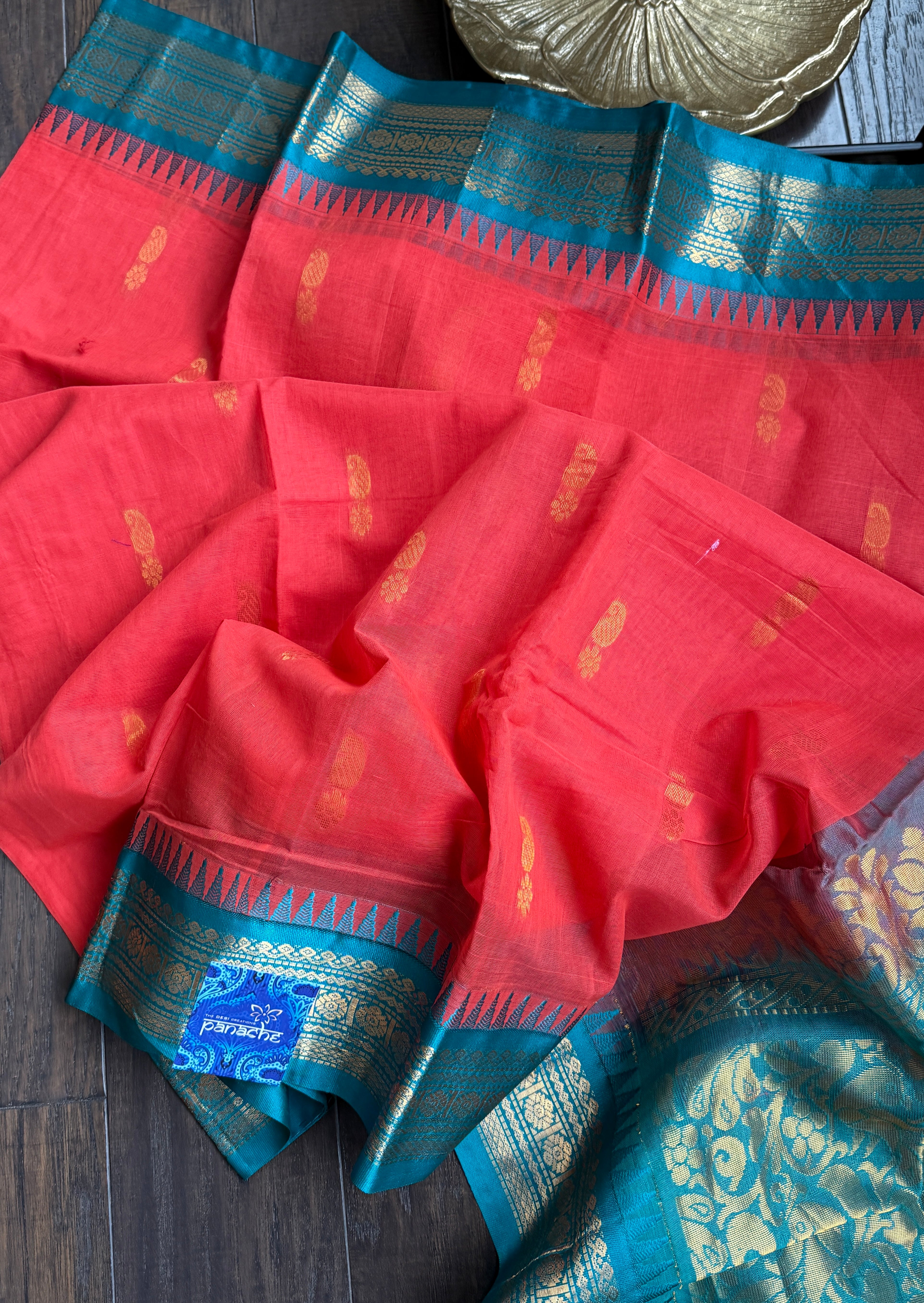 Cotton Gadwal - Coral Pink Orange Firozi