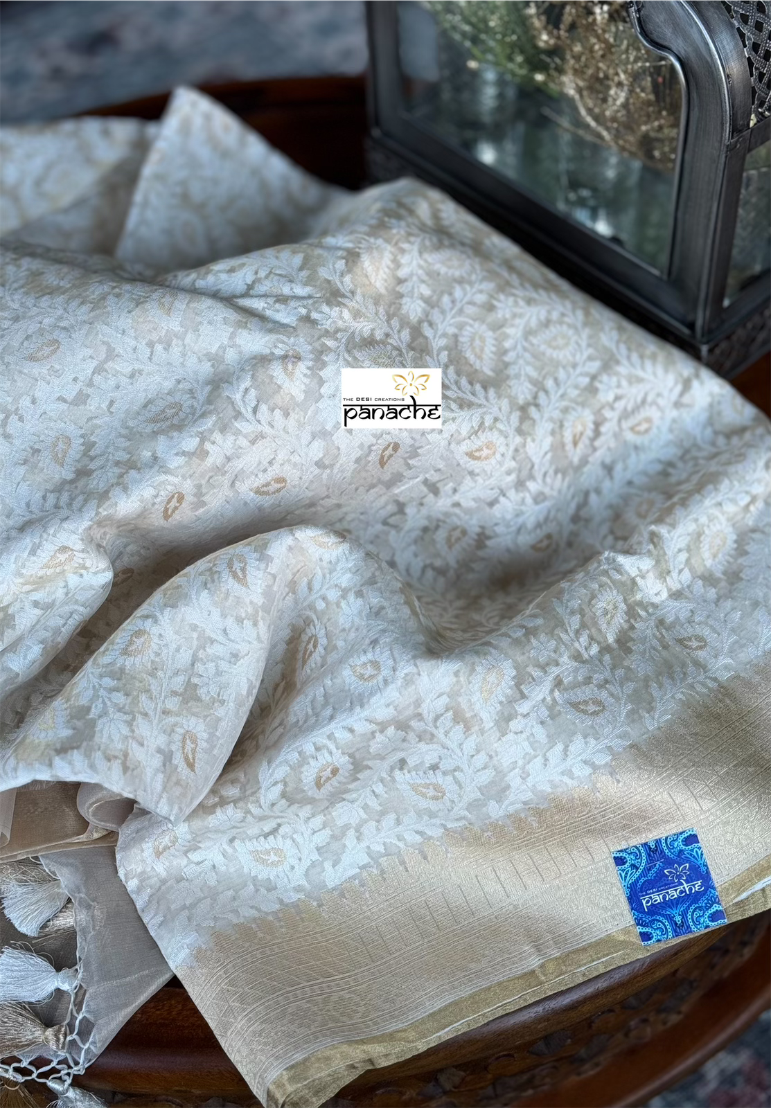 Pure Tissue Kora Silk Banarasi - Off White Golden Antique Zari