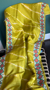 Pure Tussar Silk Gujrati Stitch -  Lime green Shibori Hand Embroidered