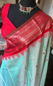 Pure Silk Gadwal - Light Blue Red Checkered