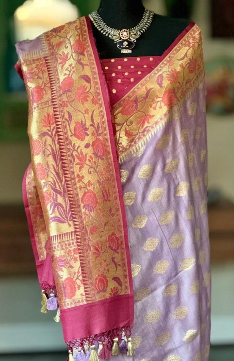Khaddi Tussar Banarasi -  Light Purple Mauve Tilfi Antique Zari