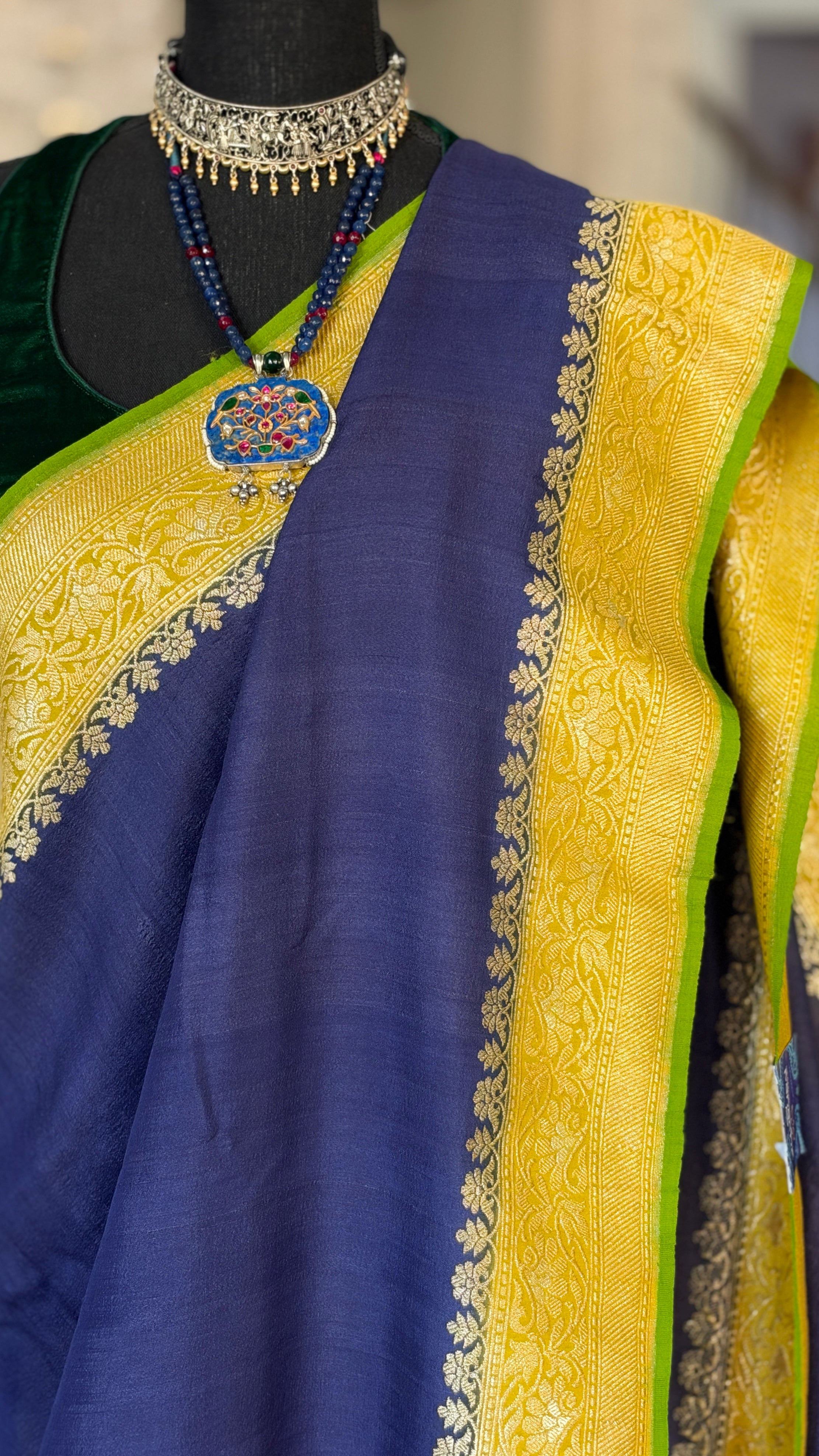 Tussar Georgette Banarasi- Navy Blue Ochre Yellow