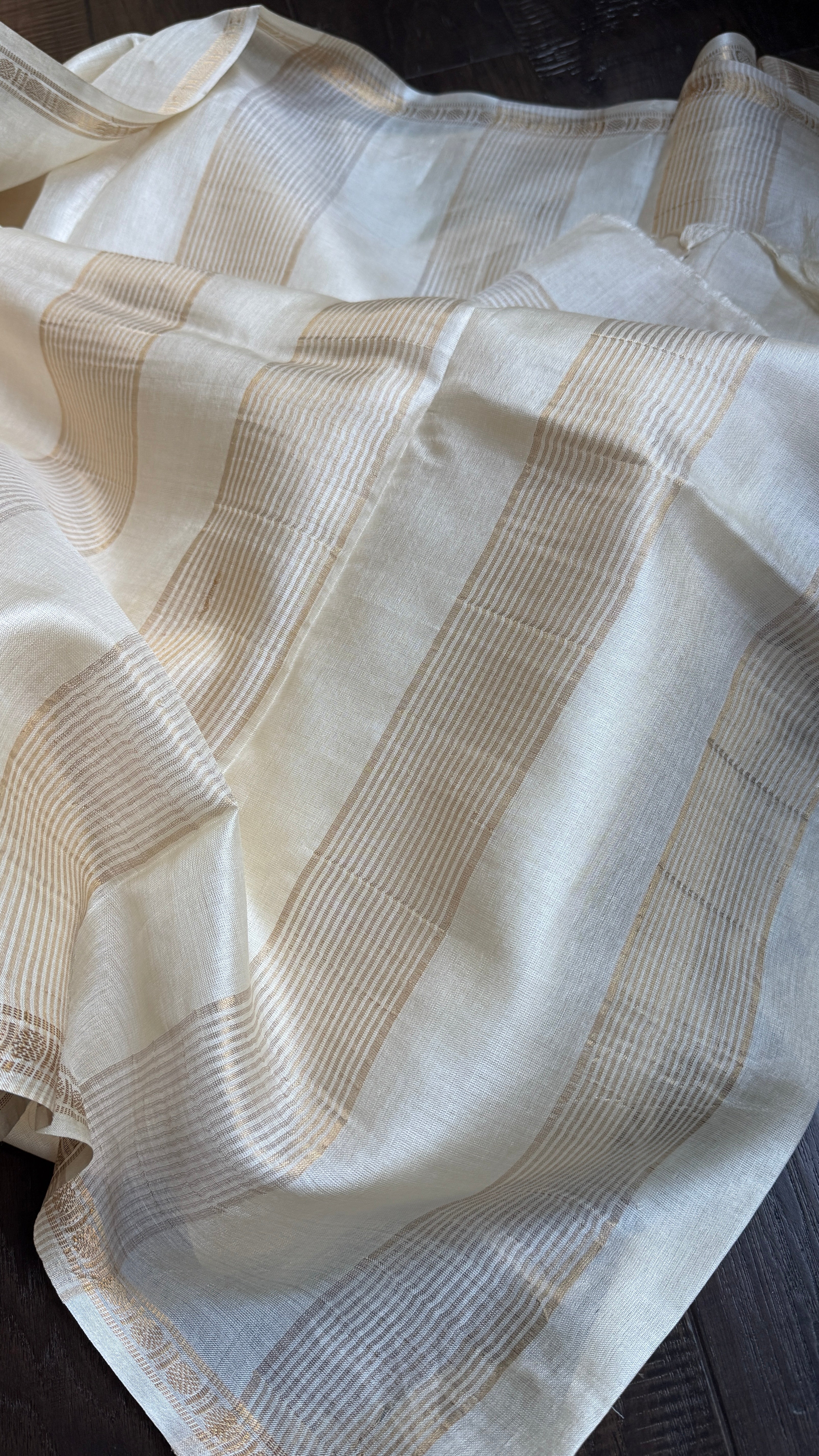 Pure Tussar Silk - Cream Beige Golden Zari Woven1