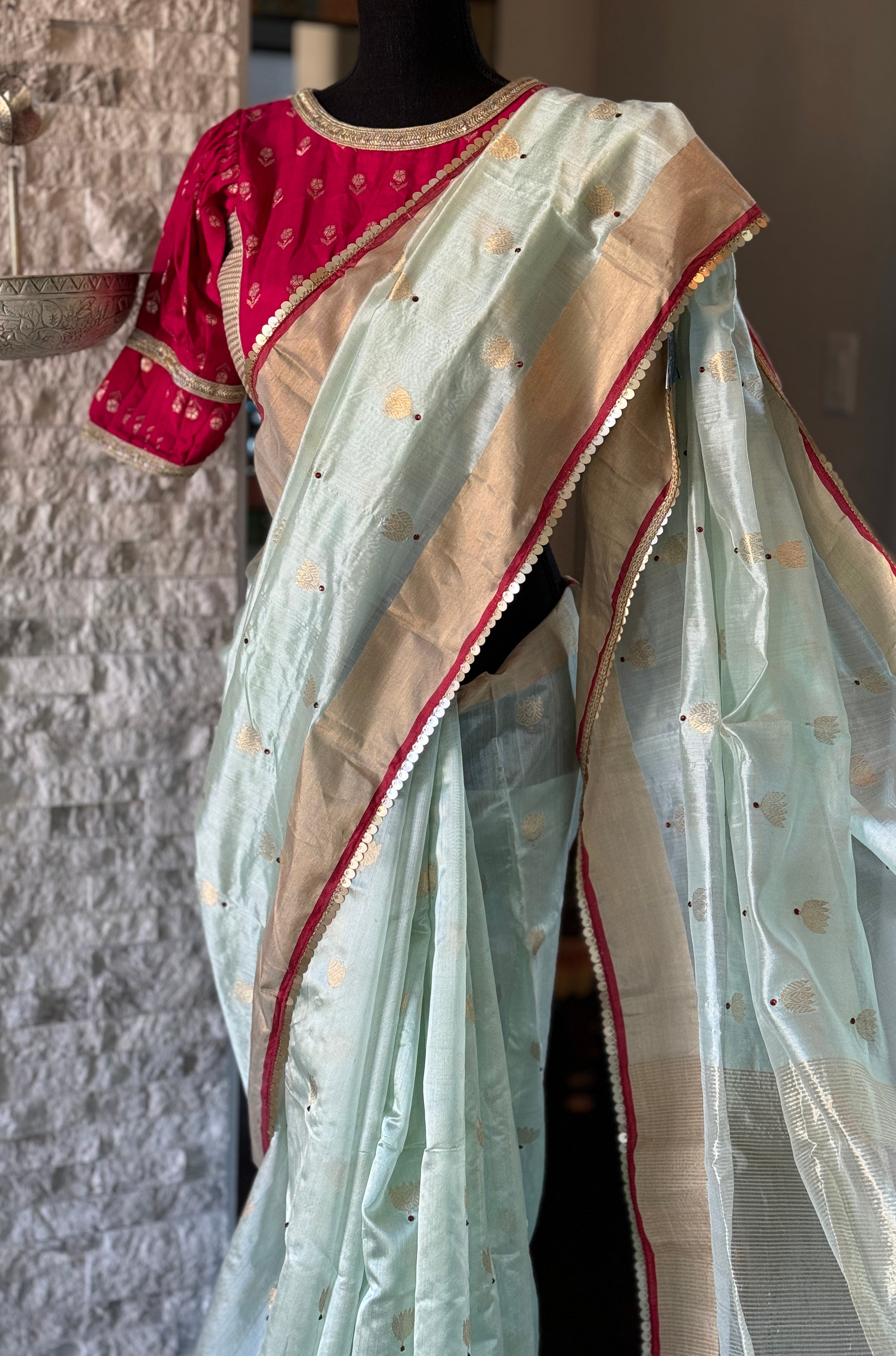 Designer Pure Chanderi Silk - Mint Green Eknaliya Woven