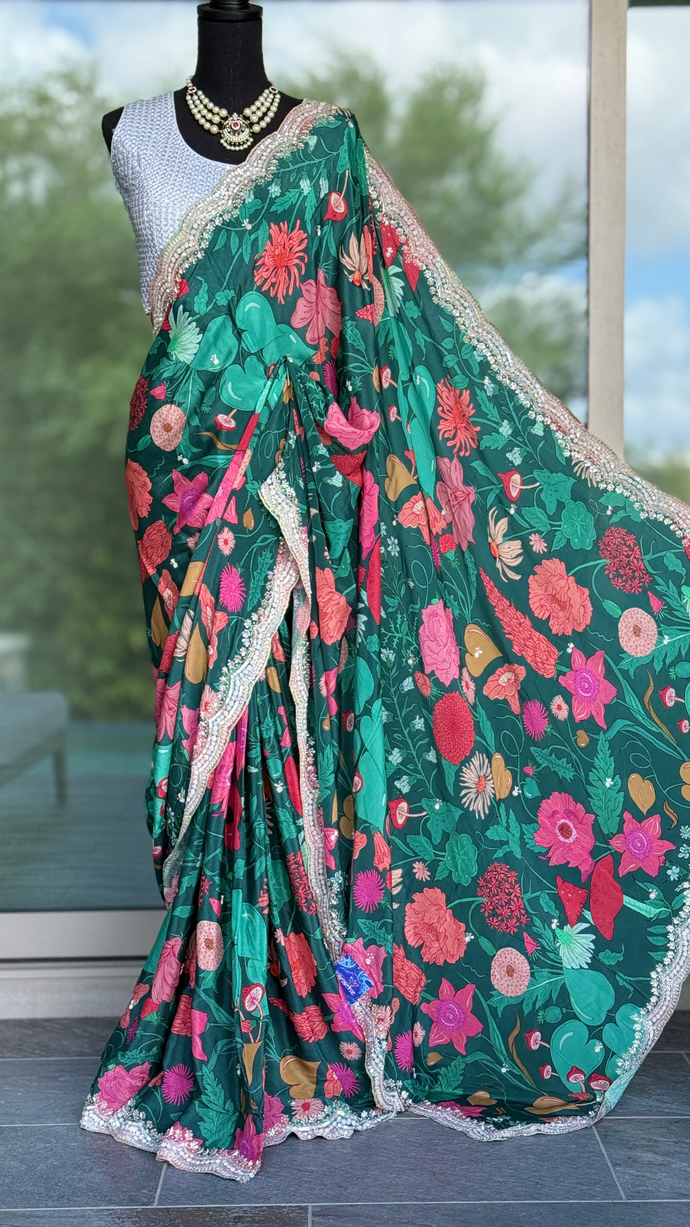 Designer Crepe Satin - Green Multi Color