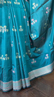 Soft Silk Banaras Saree - Teal Blue Meenakari