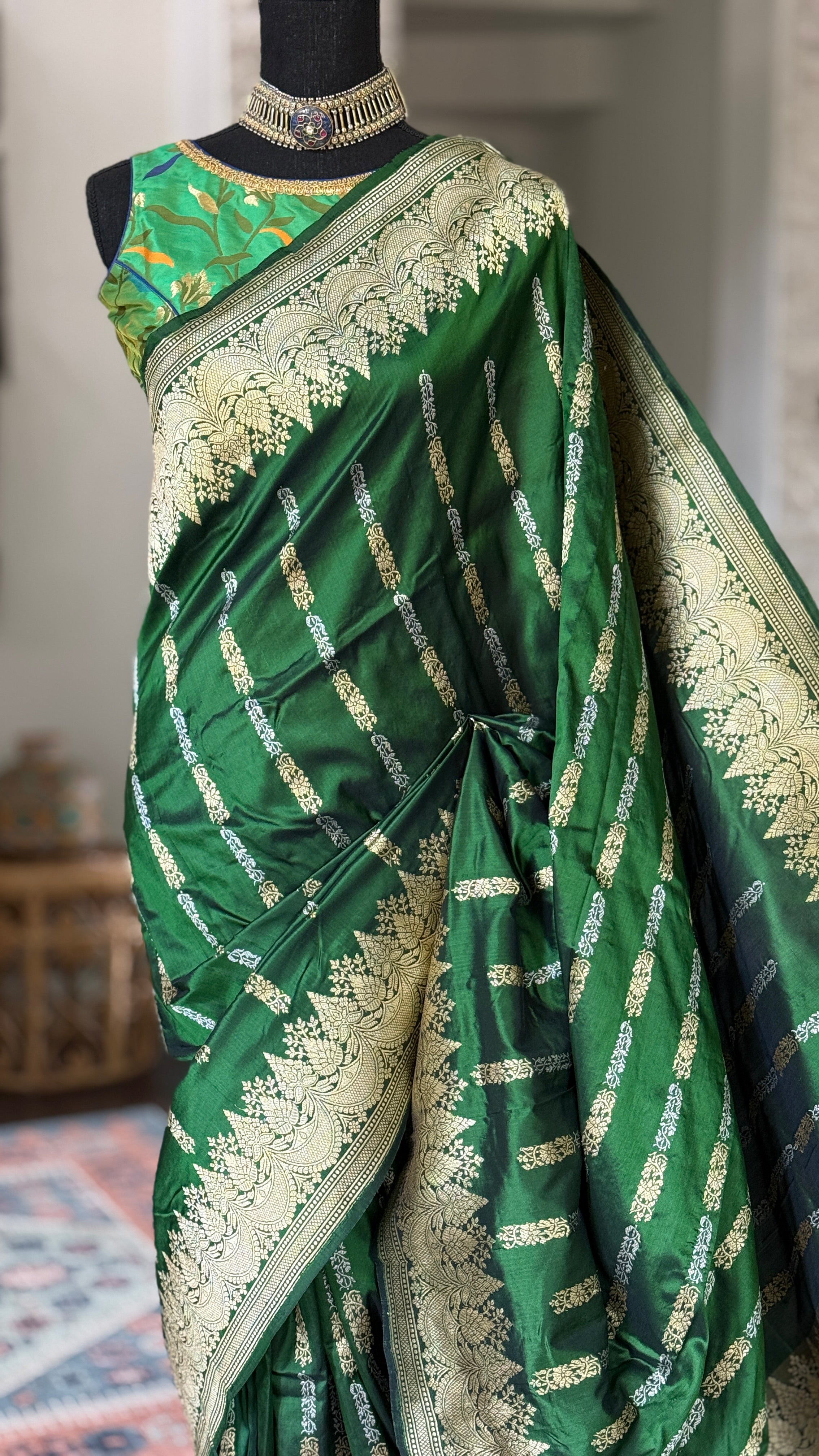 Pure Katan Silk Banarasi - Green Kadwa