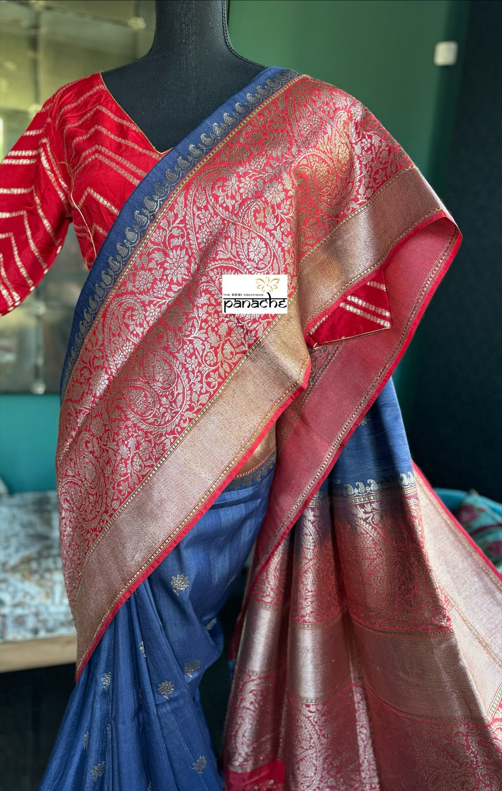 Pure Tassur by Katan Silk Banarasi - Navy Blue Red