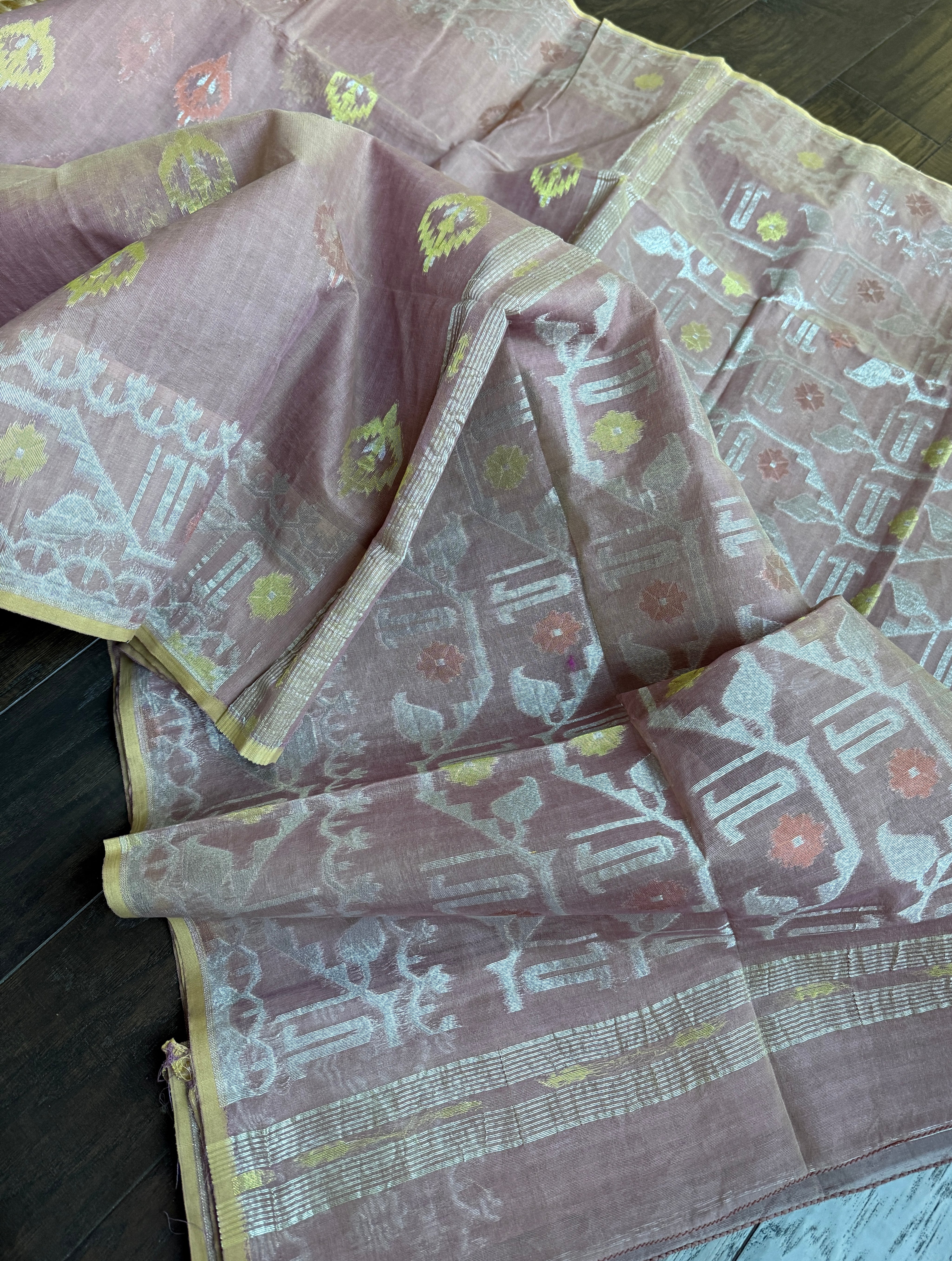 Dhakai Jamdani  - Dusty Pink Gold Silver Zari  Woven