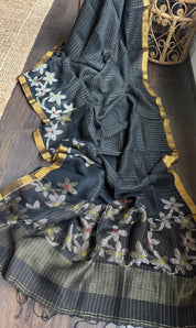 Linen Jamdaani - Black Zari Checkered