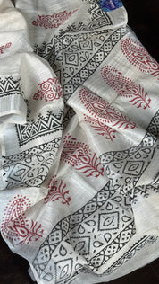 Linen Printed - Off-White Silver Zari