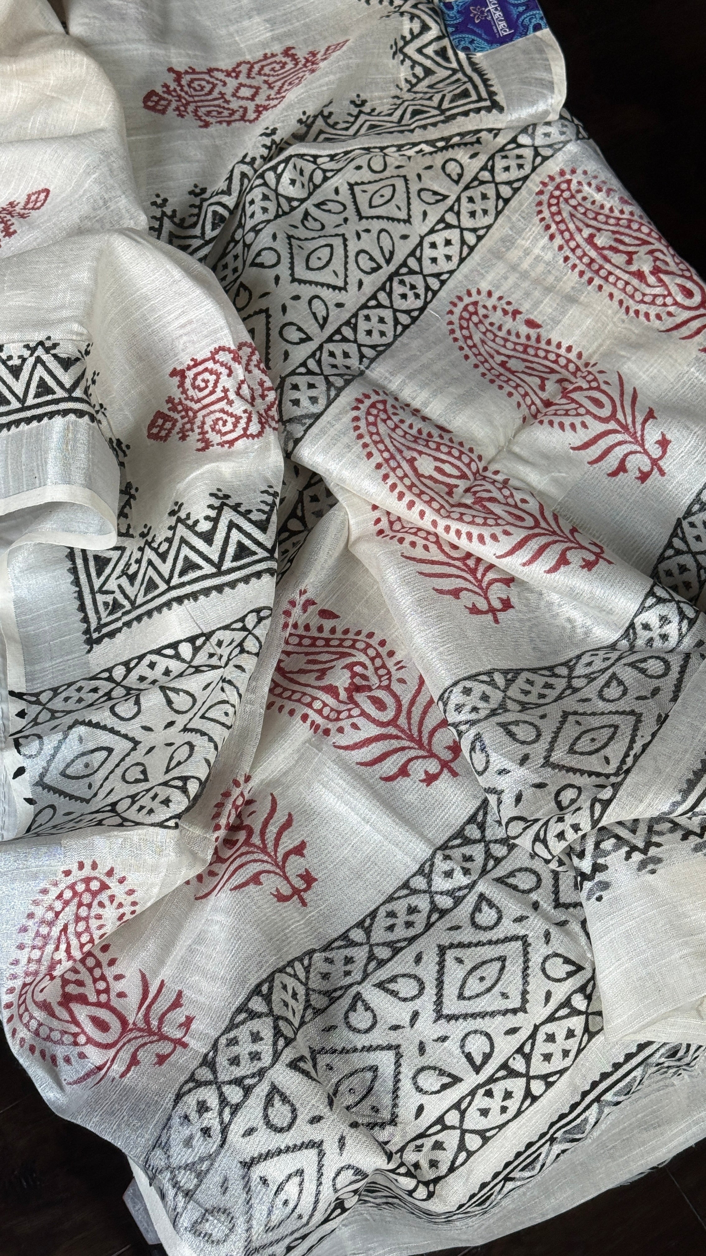 Linen Printed - Off-White Silver Zari