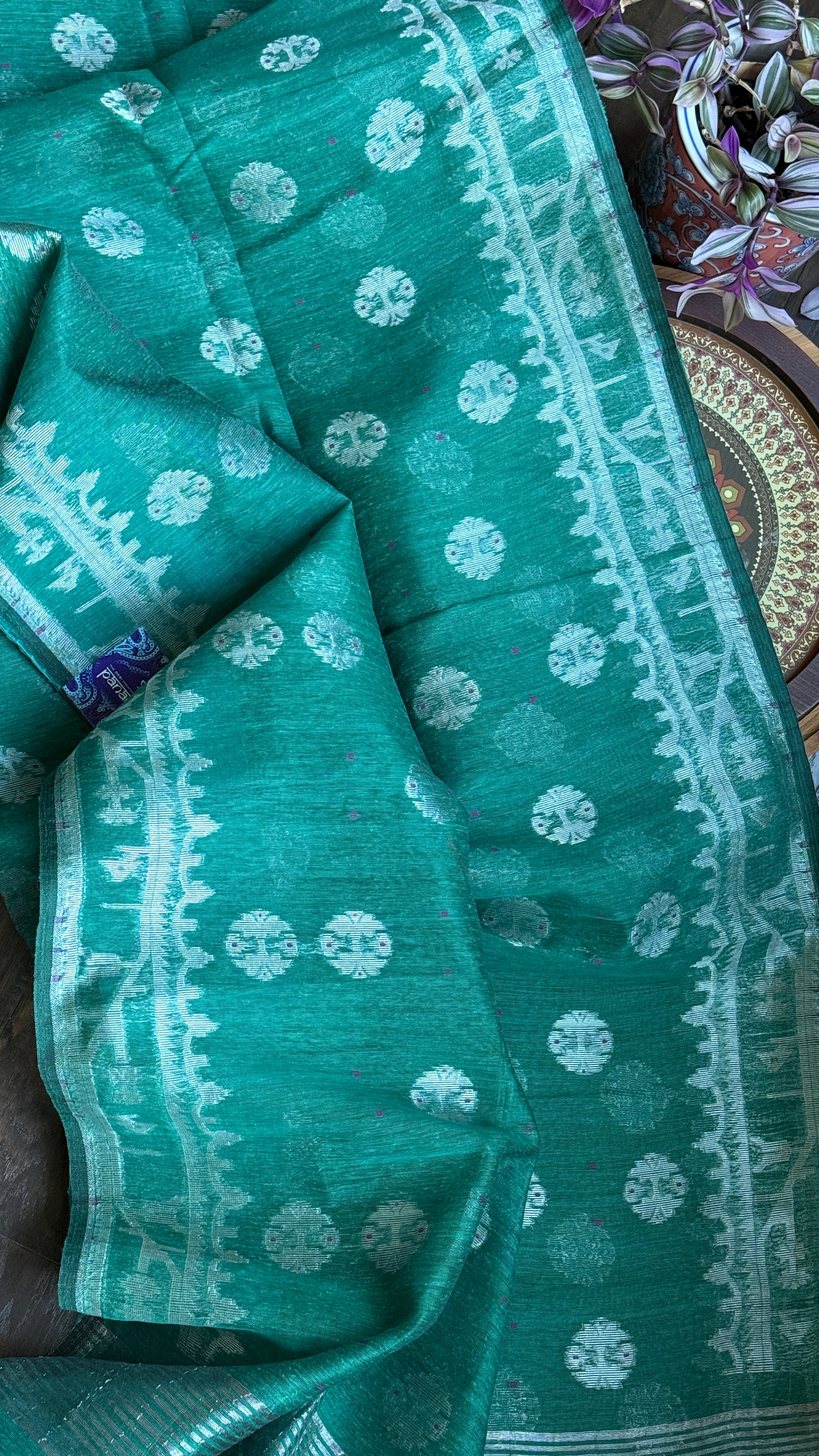 Dhakai Jamdani  - Teal Green Silver Zari  Woven