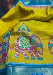 Pure Silk Ikat - Yellow Firozi Pochampally