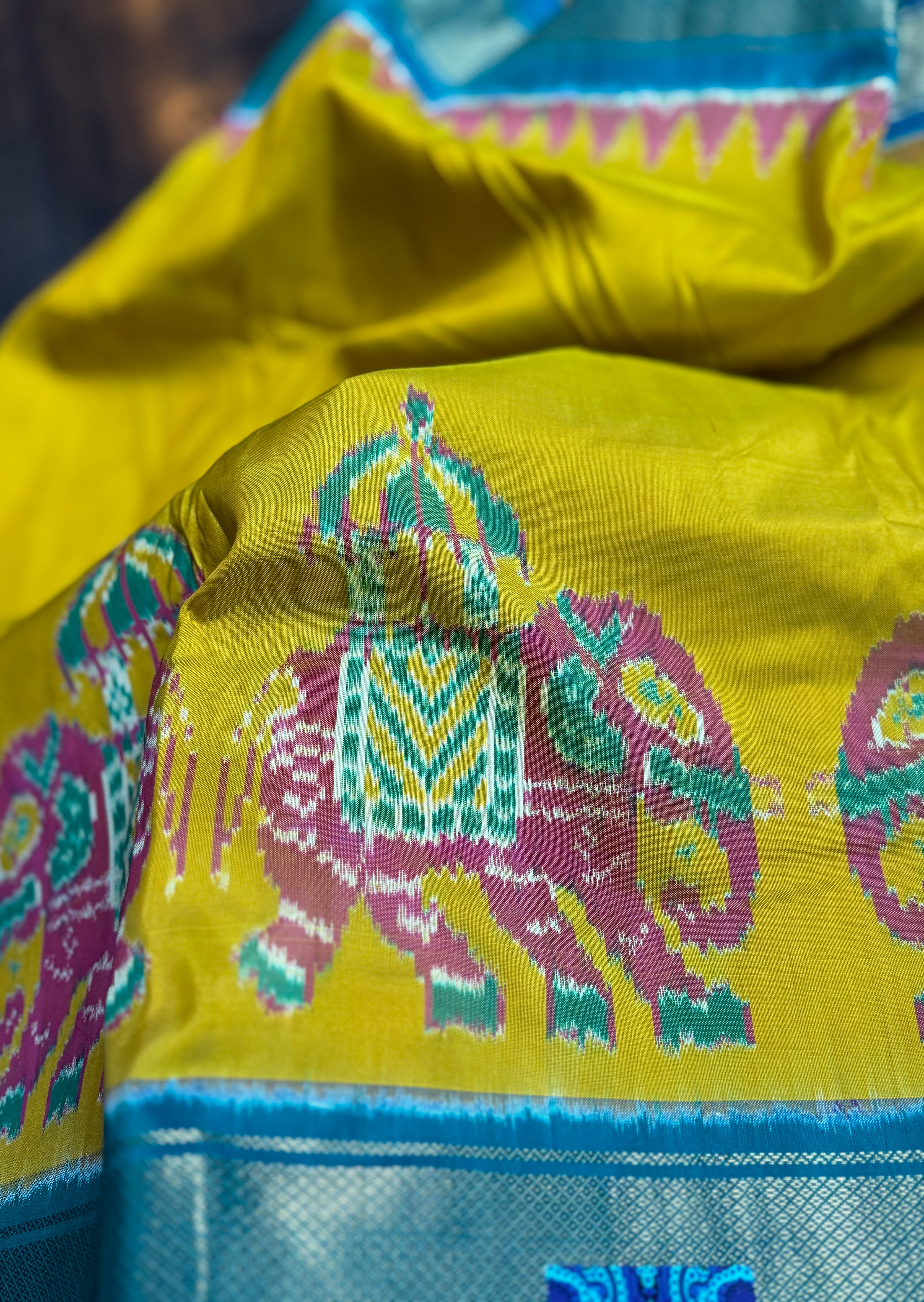 Pure Silk Ikat - Yellow Firozi Pochampally