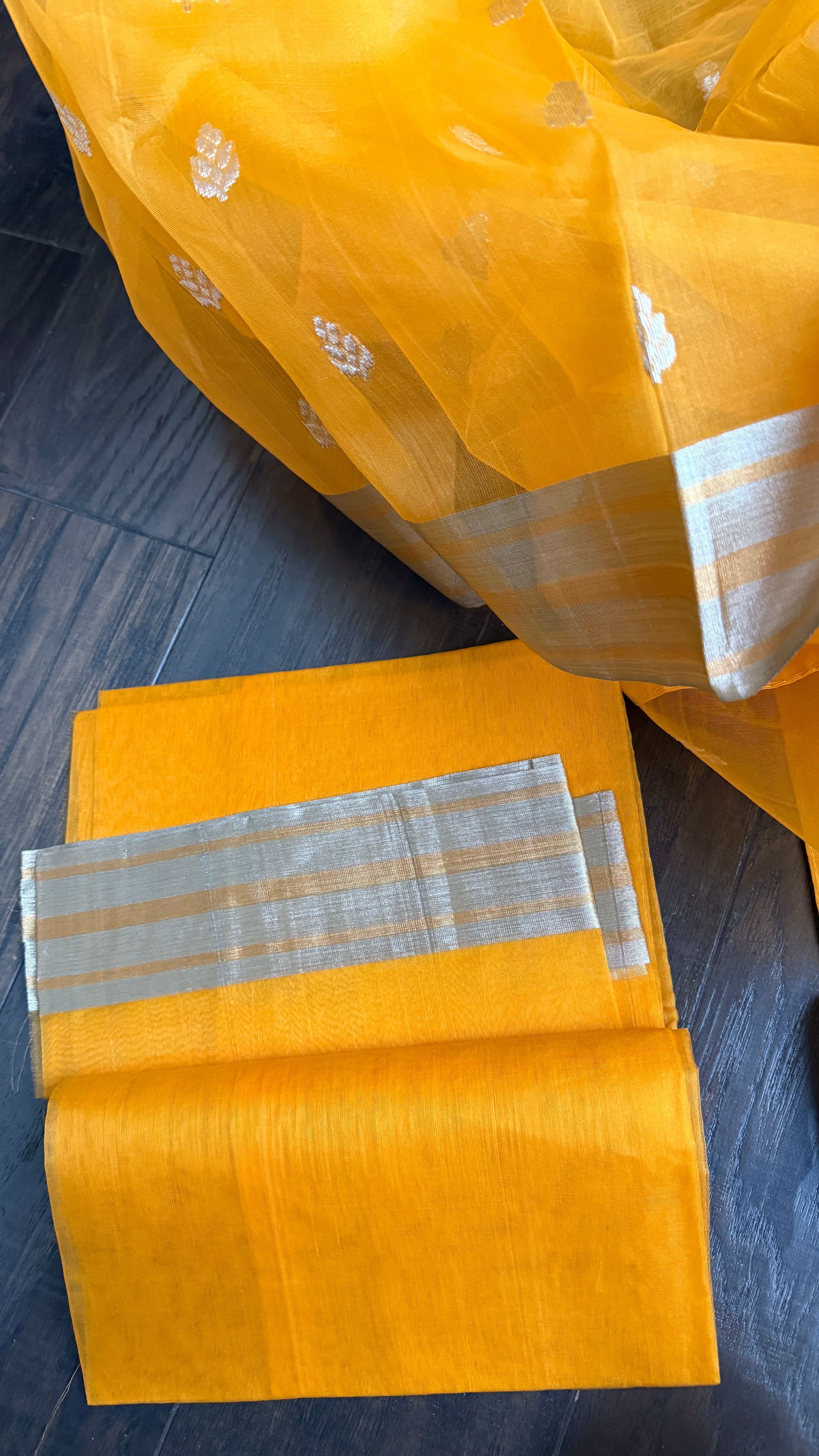 Pure Chanderi Organza Silk - Sunrise Orange Silver Zari