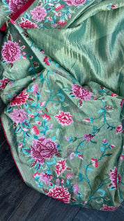 Designer Crushed Tissue Silk - Sea green Embroidered