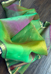 Pure Chanderi Organza Silk - Green Purple Shaded