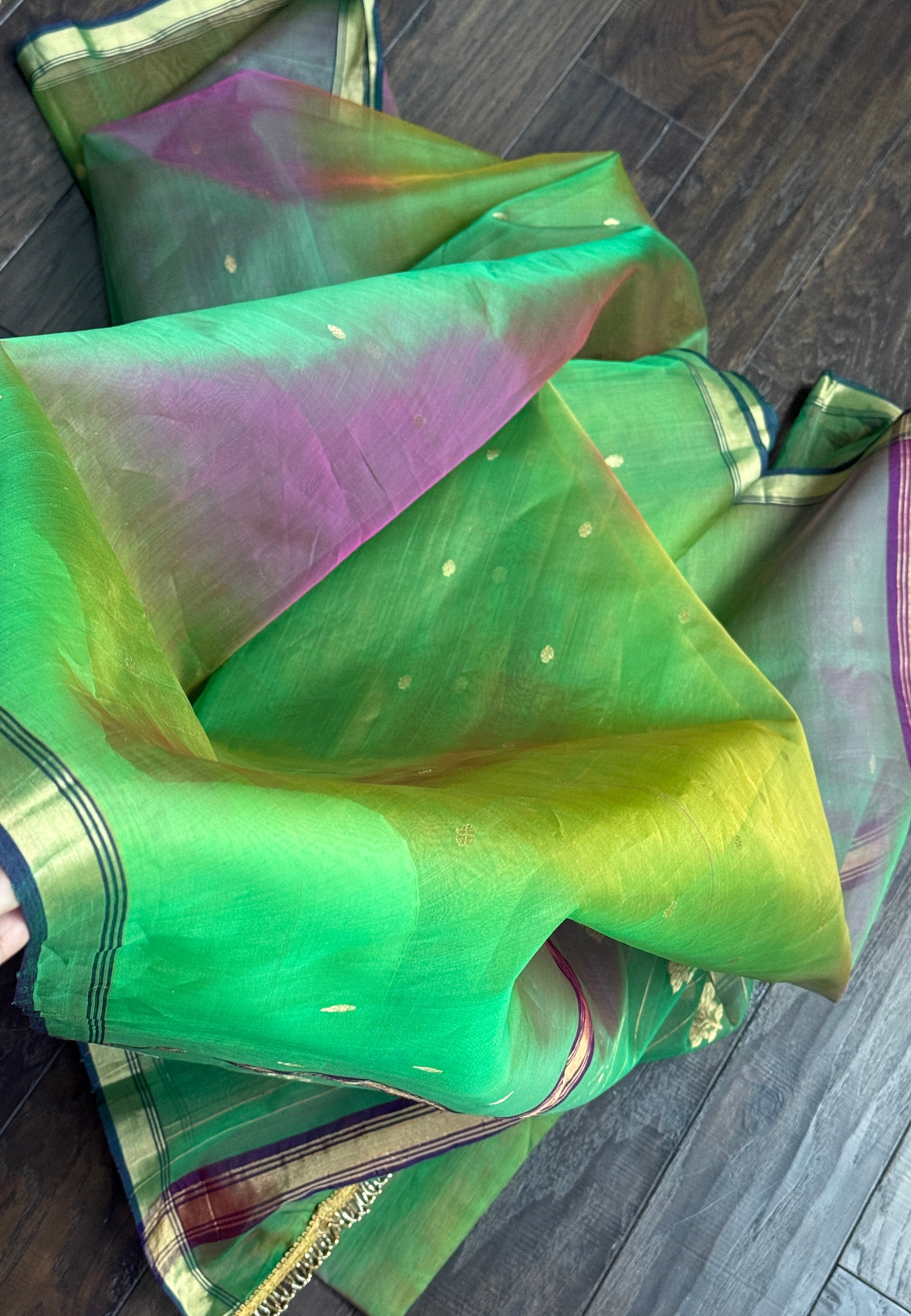 Pure Chanderi Organza Silk - Green Purple Shaded