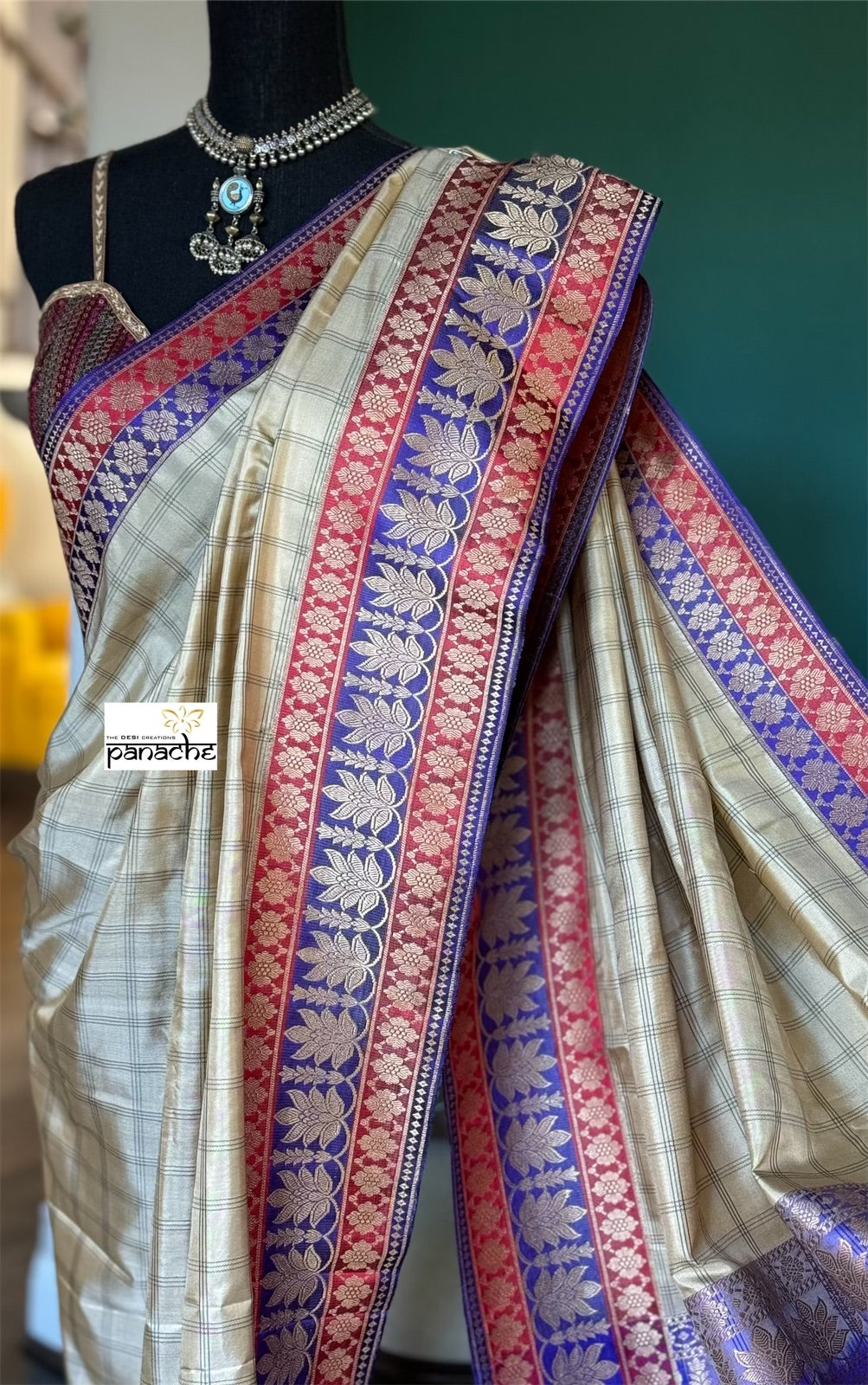 Pure Katan Silk Banarasi - Tan Checkered Kadhua