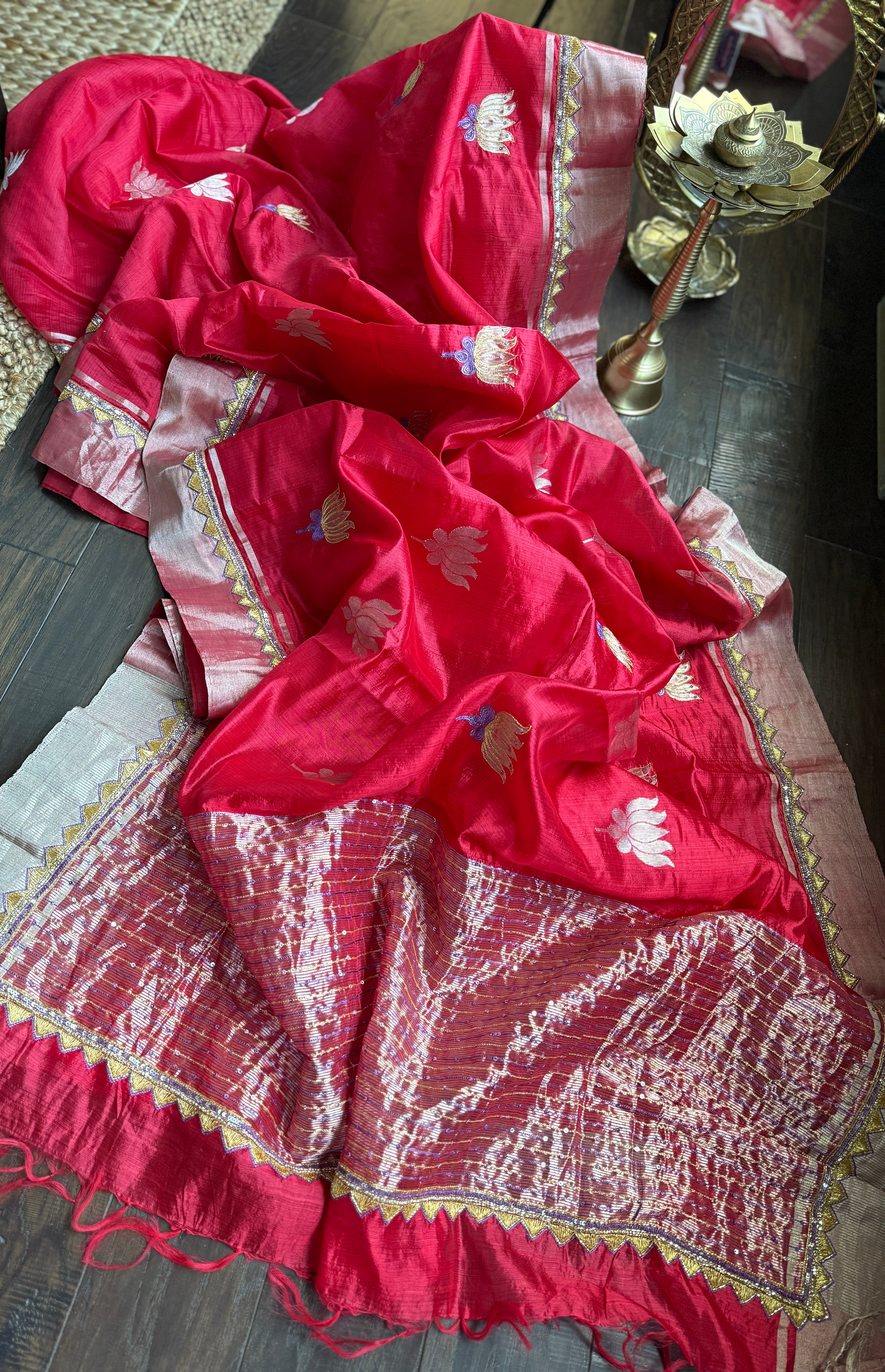 Hand Zardozi Pure Chanderi Pattu Silk - Red Eknaliya Woven