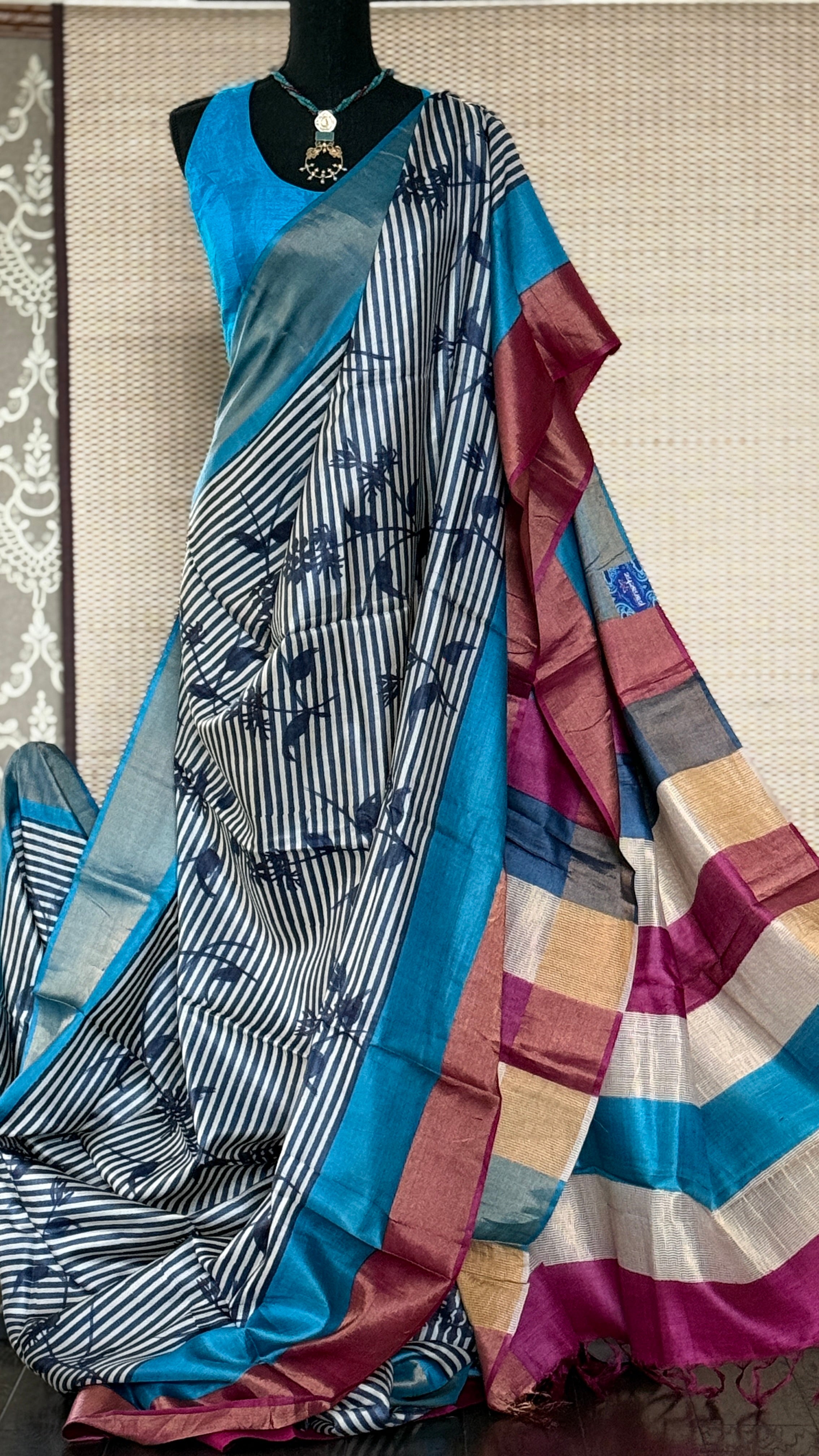Pure Tussar Silk - Blue Firozi Magenta