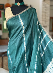 Designer Tussar Silk Shibori - Teal Green