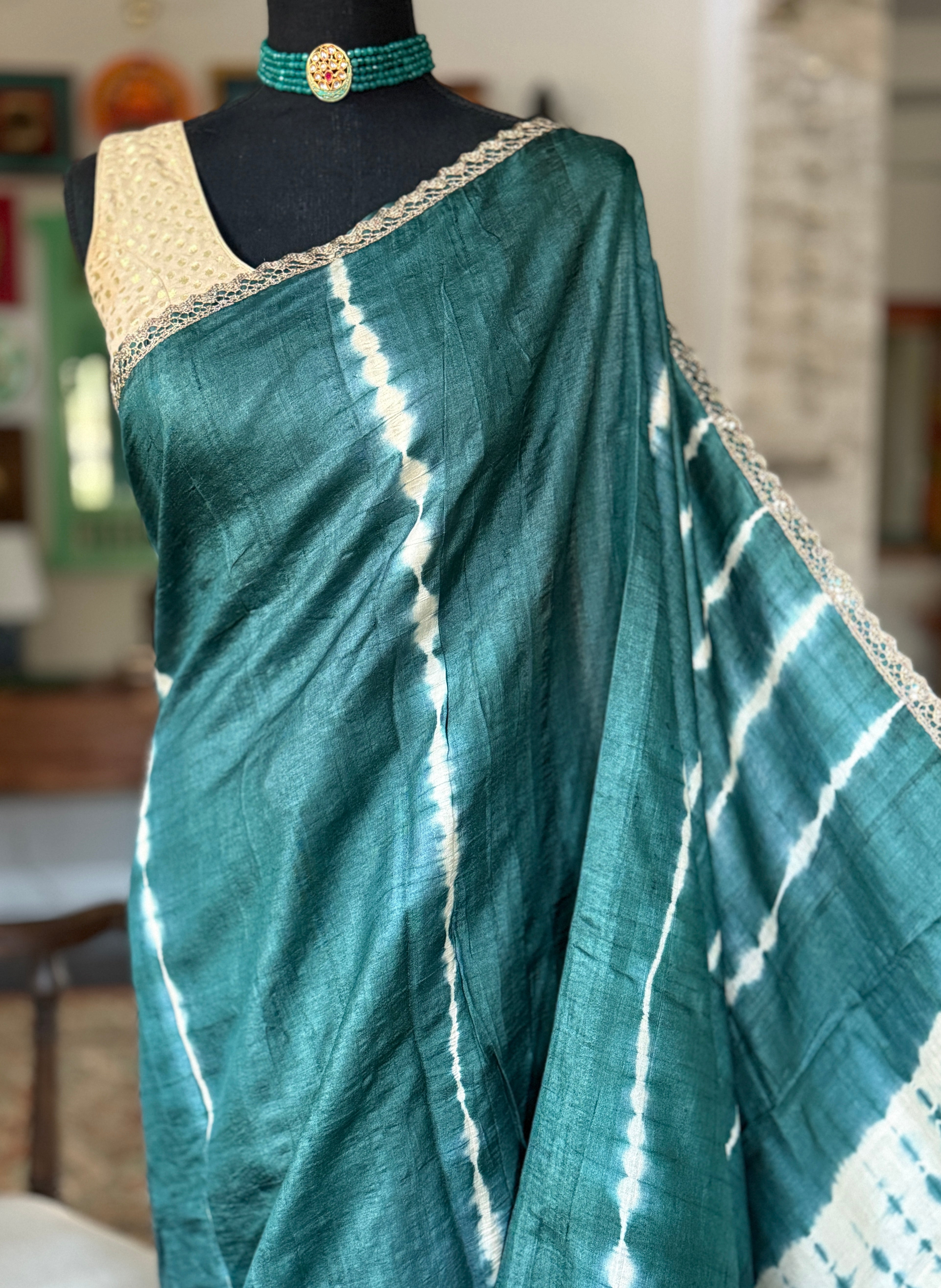 Designer Tussar Silk Shibori - Teal Green