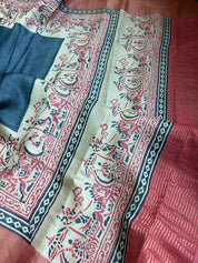 Pure Tussar Silk - Slate Grey Mahabharata depiction