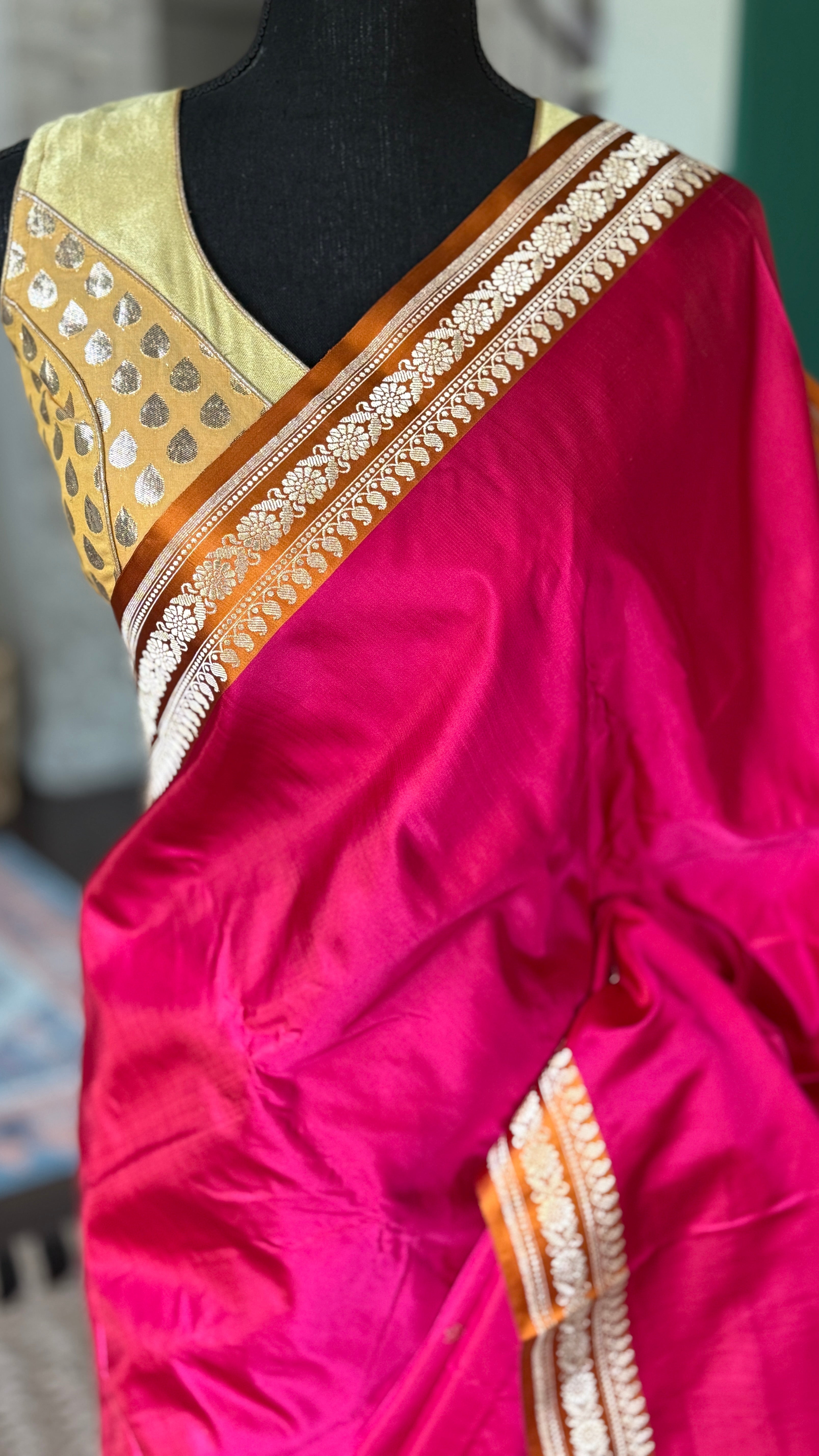Pure Silk Mashru Banarasi- Rani Pink Ochre Orange