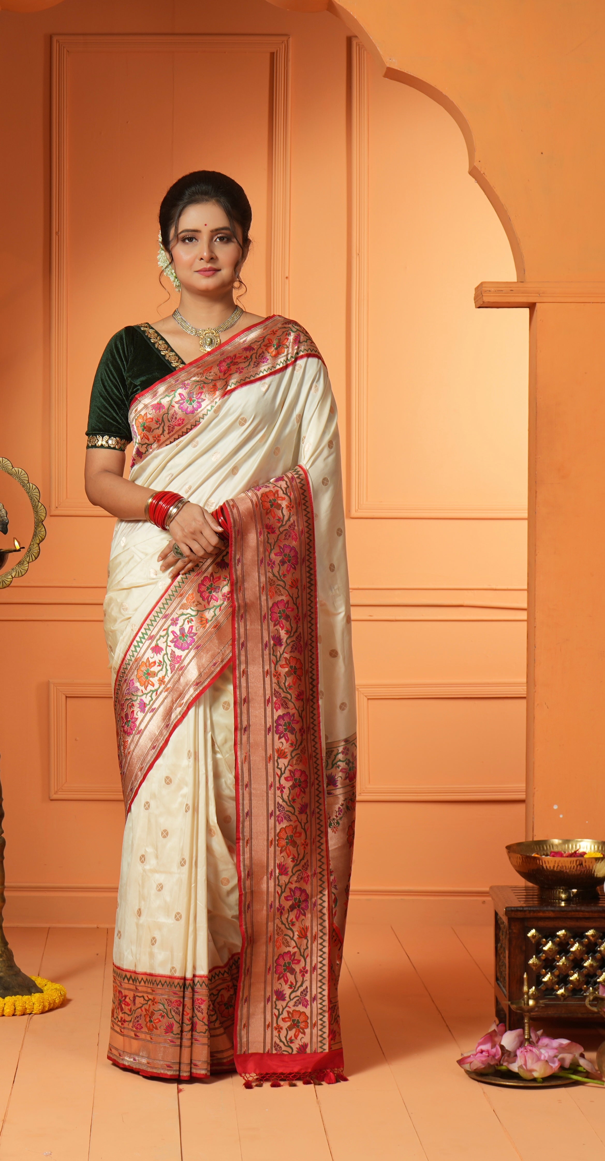 Pure Silk Paithani Banarasi- Cream Red