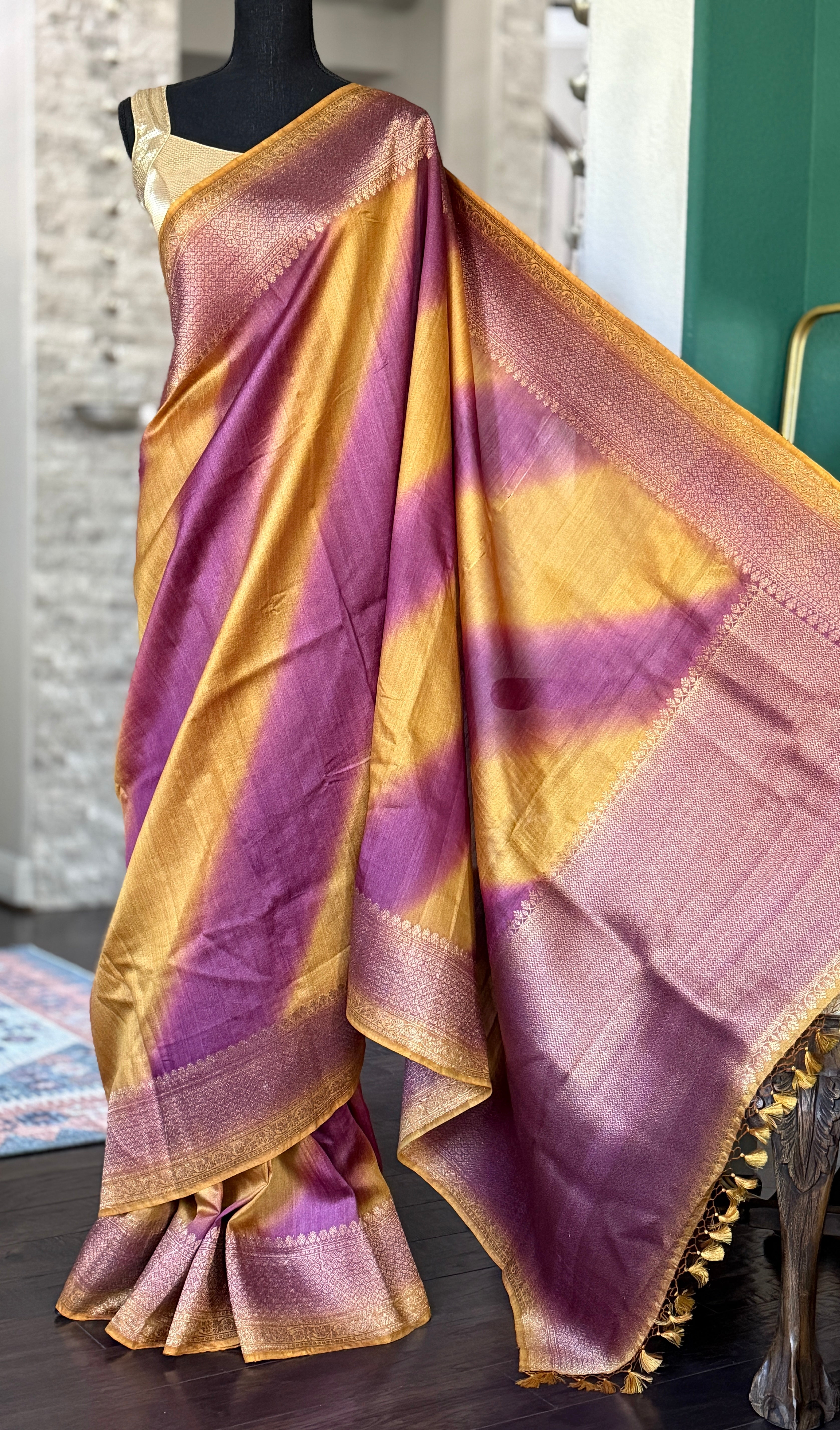 Tussar Silk Banarasi Shaded - Yellow Purple Antique Golden Zari