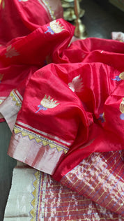 Hand Zardozi Pure Chanderi Pattu Silk - Red Eknaliya Woven