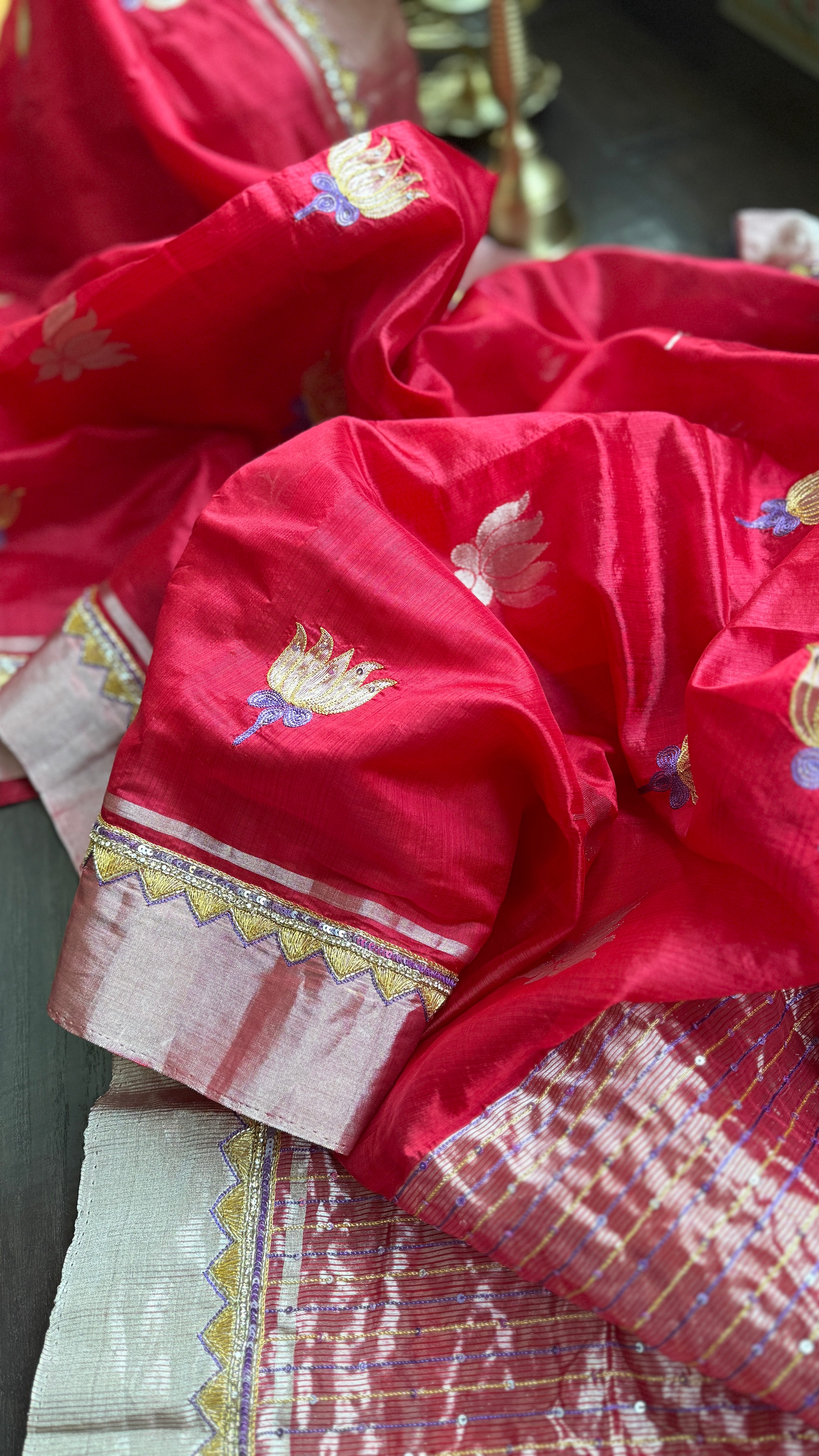 Hand Zardozi Pure Chanderi Pattu Silk - Red Eknaliya Woven