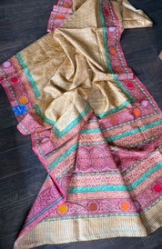 Printed Tussar Silk Kantha Stitch - Light Ochre Yellow