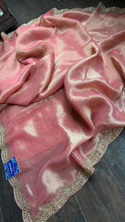 Designer Georgette Organza - Peach Pink Dual Shaded Scalloped Border