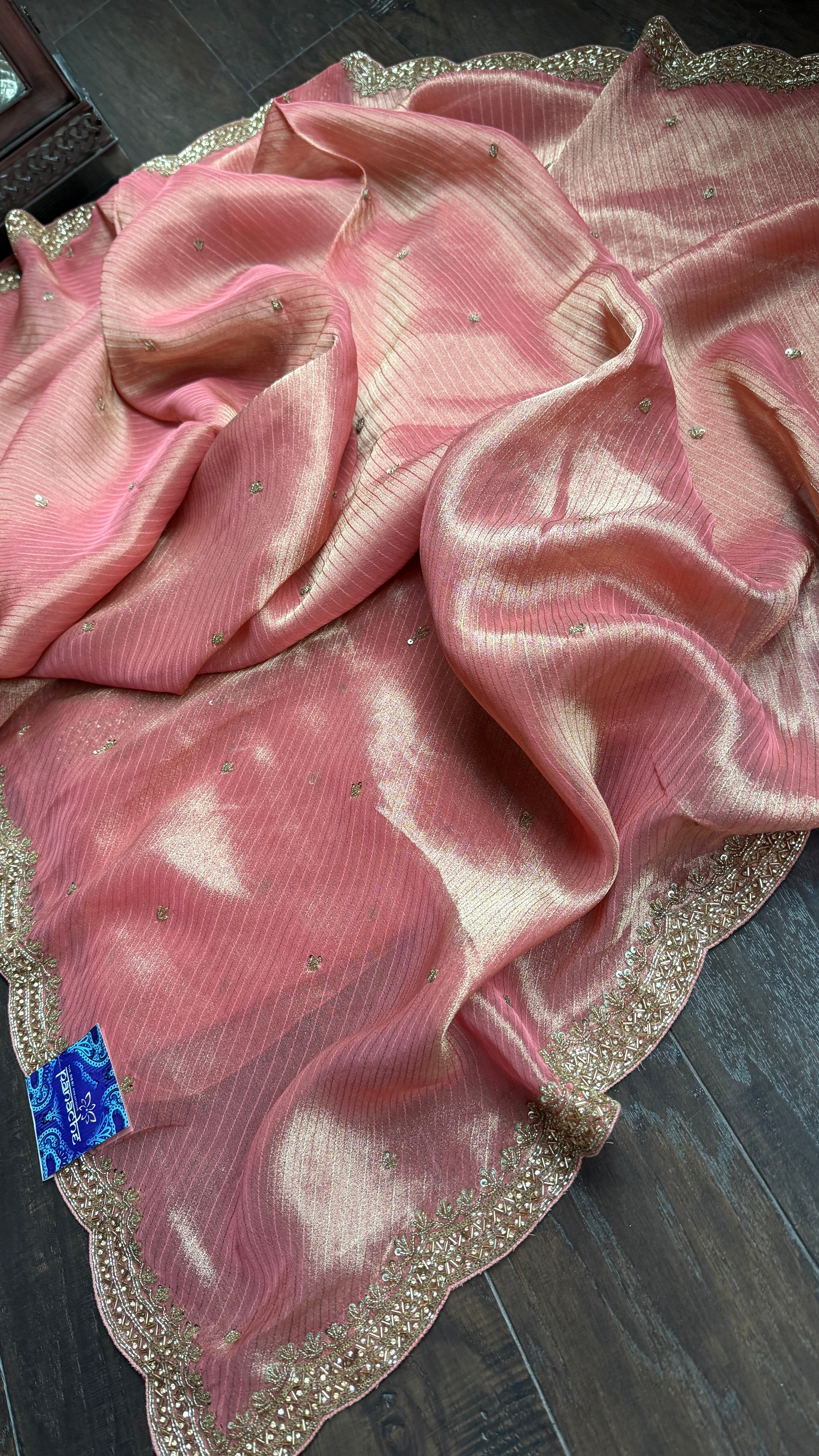 Designer Georgette Organza - Peach Pink Dual Shaded Scalloped Border