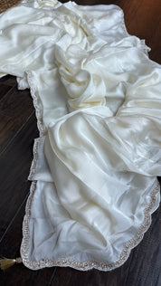 Designer Satin Silk - Cream Stone Border