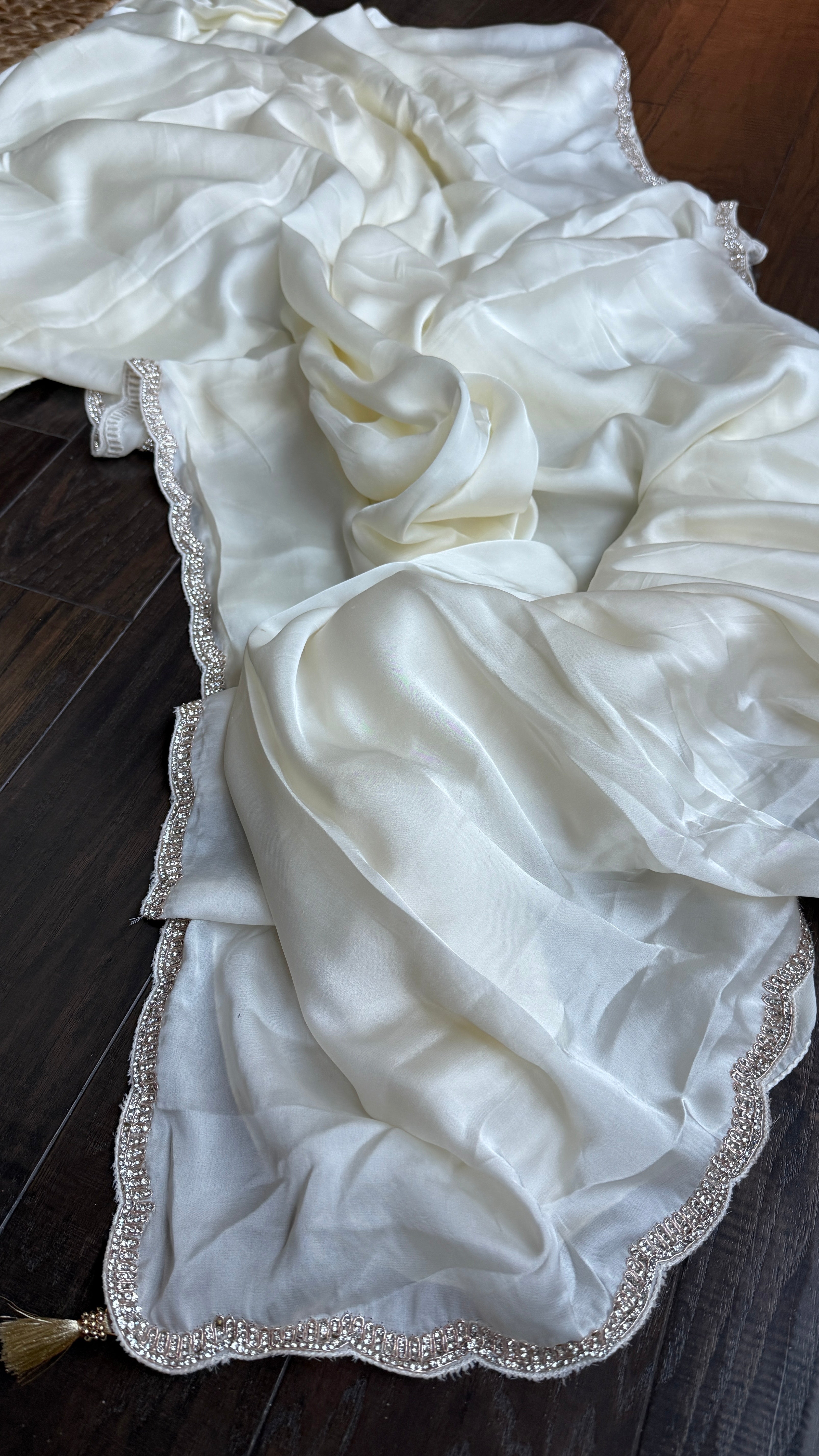 Designer Satin Silk - Cream Stone Border