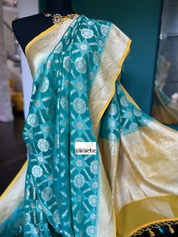 Khaddi Georgette Banarasi - Sea Green Yellow