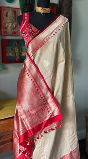 Tussar Silk Banarasi - Tan Beige Red