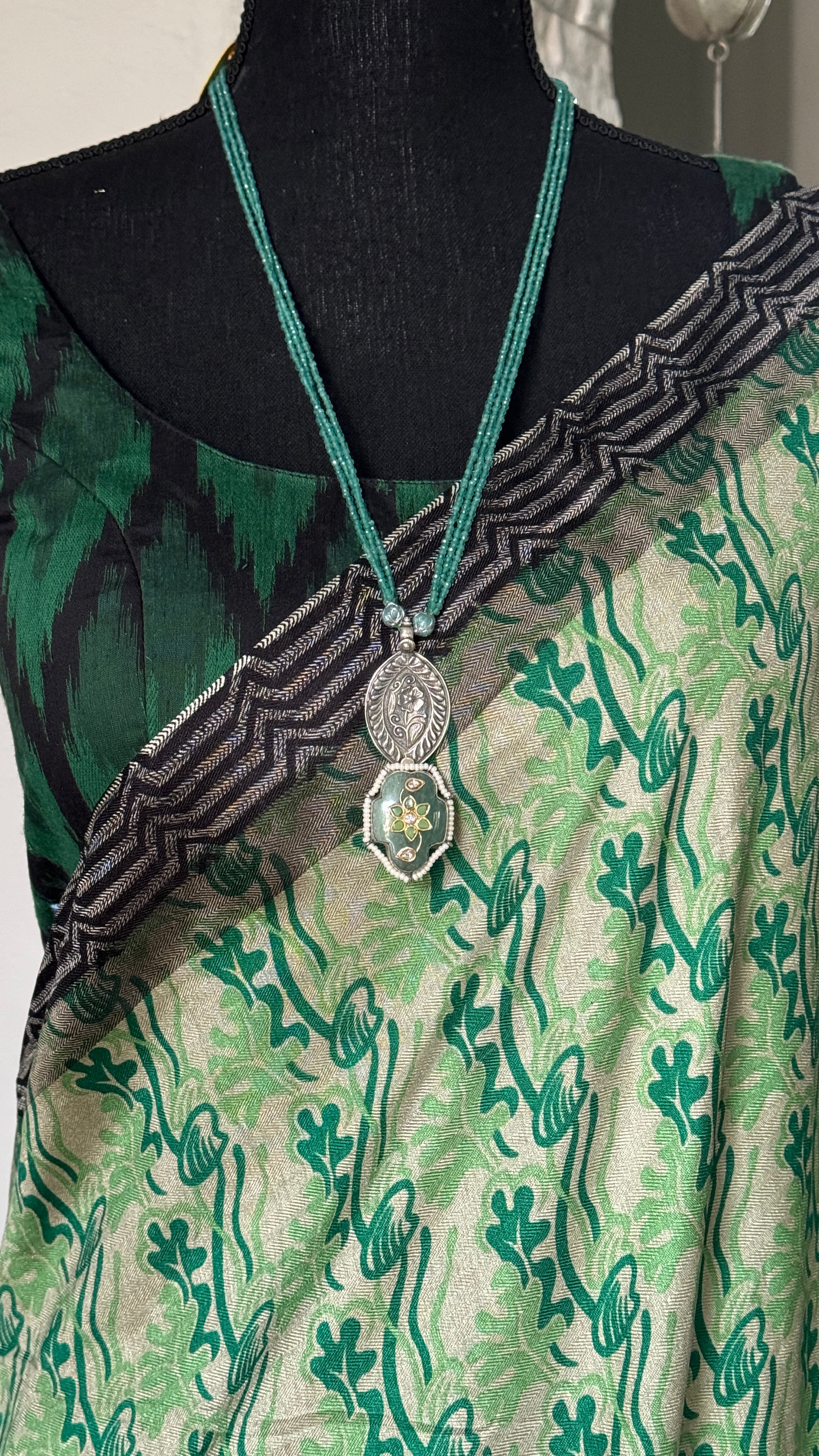 Silver Beaded Necklace - Inlay Pendant